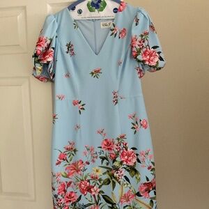 Eliza J petite floral dress, light blue with colorful flowers, size 12p.
